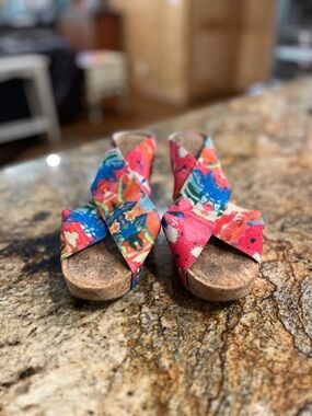 Corkys Multicolor Floral Crisscross Cork Wedges